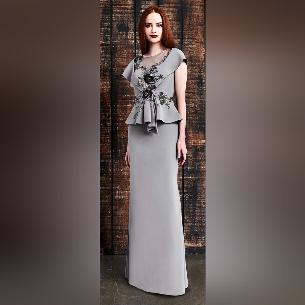 Daymor Couture NEW Nickel Gray Embroidered Peplum Skirt Maxi Dress Size 6 #858 - Picture 2 of 10